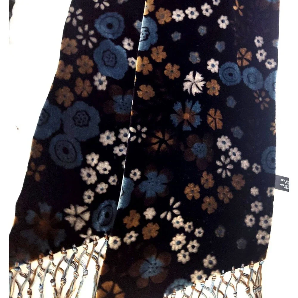 NORDSTROM Black Velvet Burnout Floral Viscose &Silk Scarf Made in Italy 69”x10”